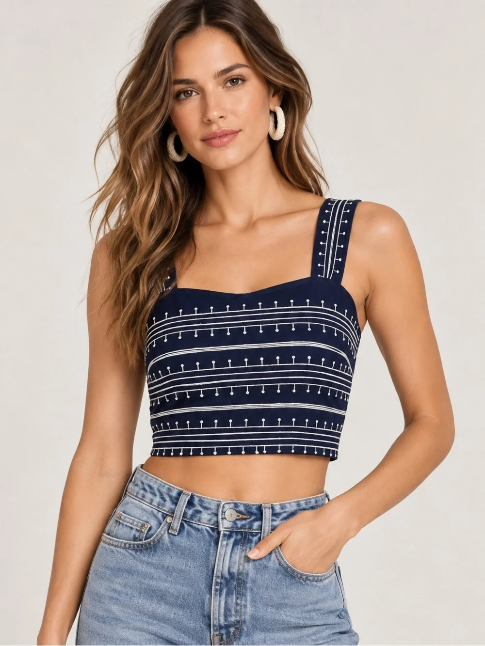 Avec Les Filles Embroidered Crop Top Navy White Size 4